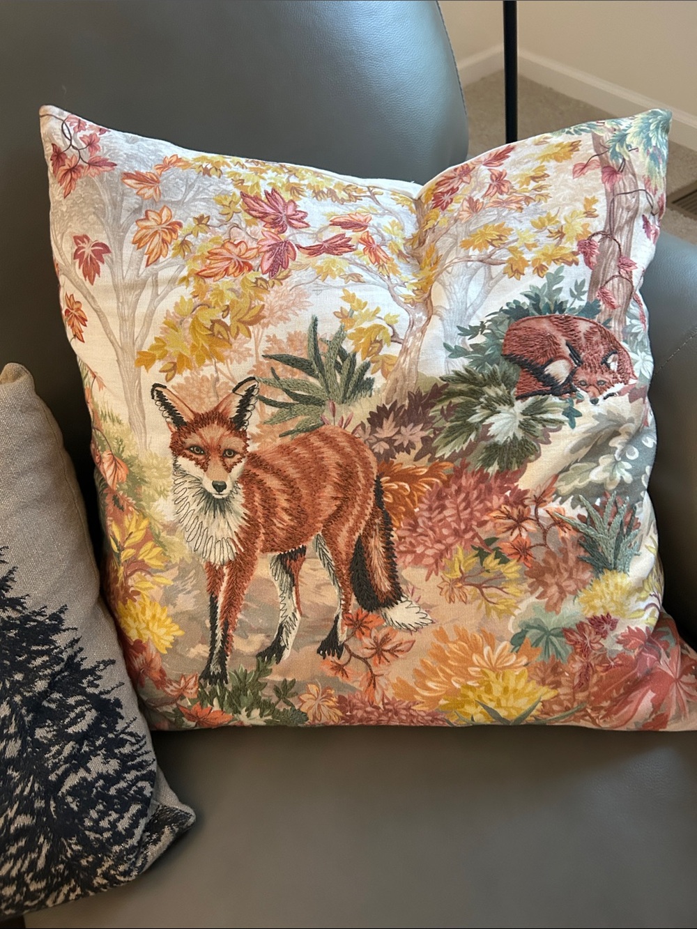 Pottery barn semi embroideredFloral Fox Decorative Throw Pillow cover